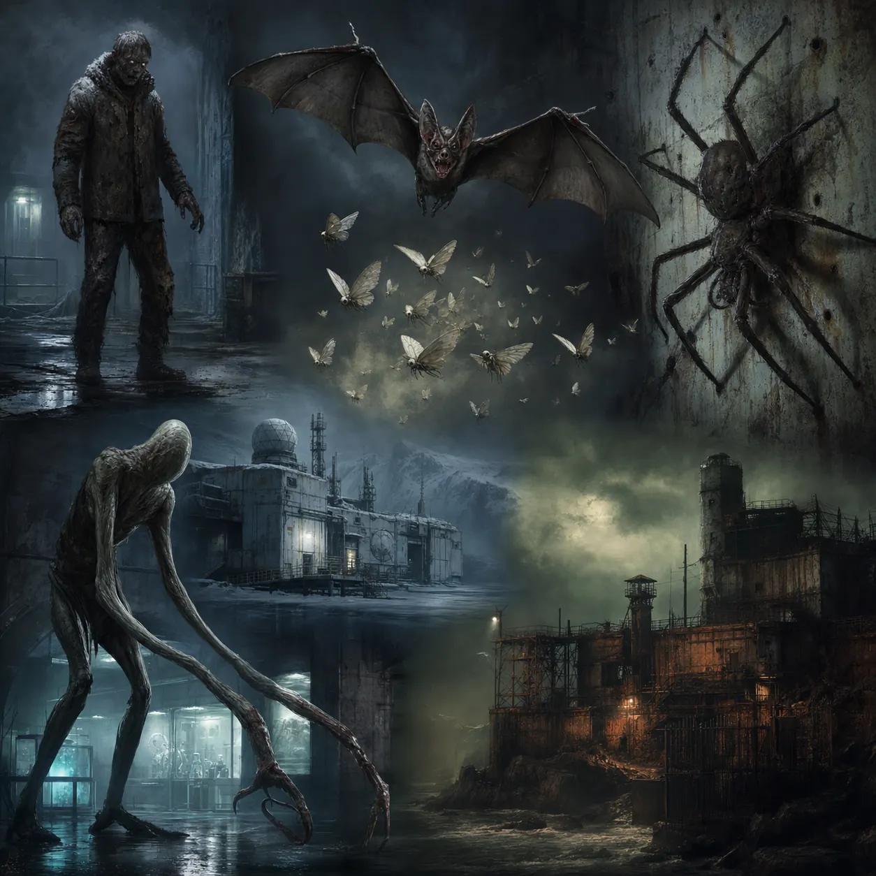 Editorial concept bestiary composition showing zombies, bats, moths, spiders, and mutated creatures in industrial and Antarctic settings