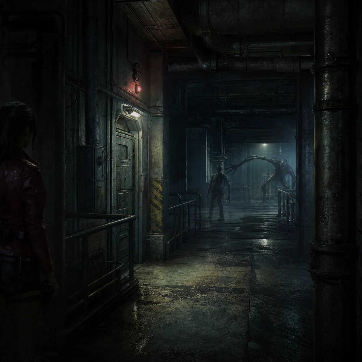 Editorial concept illustration of a survival-horror corridor with a survivor and enemy silhouettes