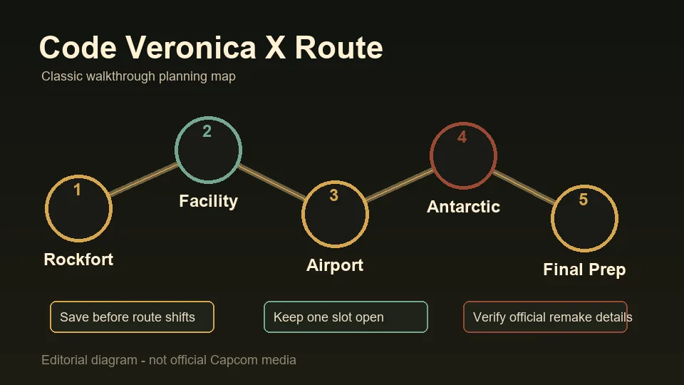 Editorial route diagram for a Resident Evil Code Veronica X walkthrough