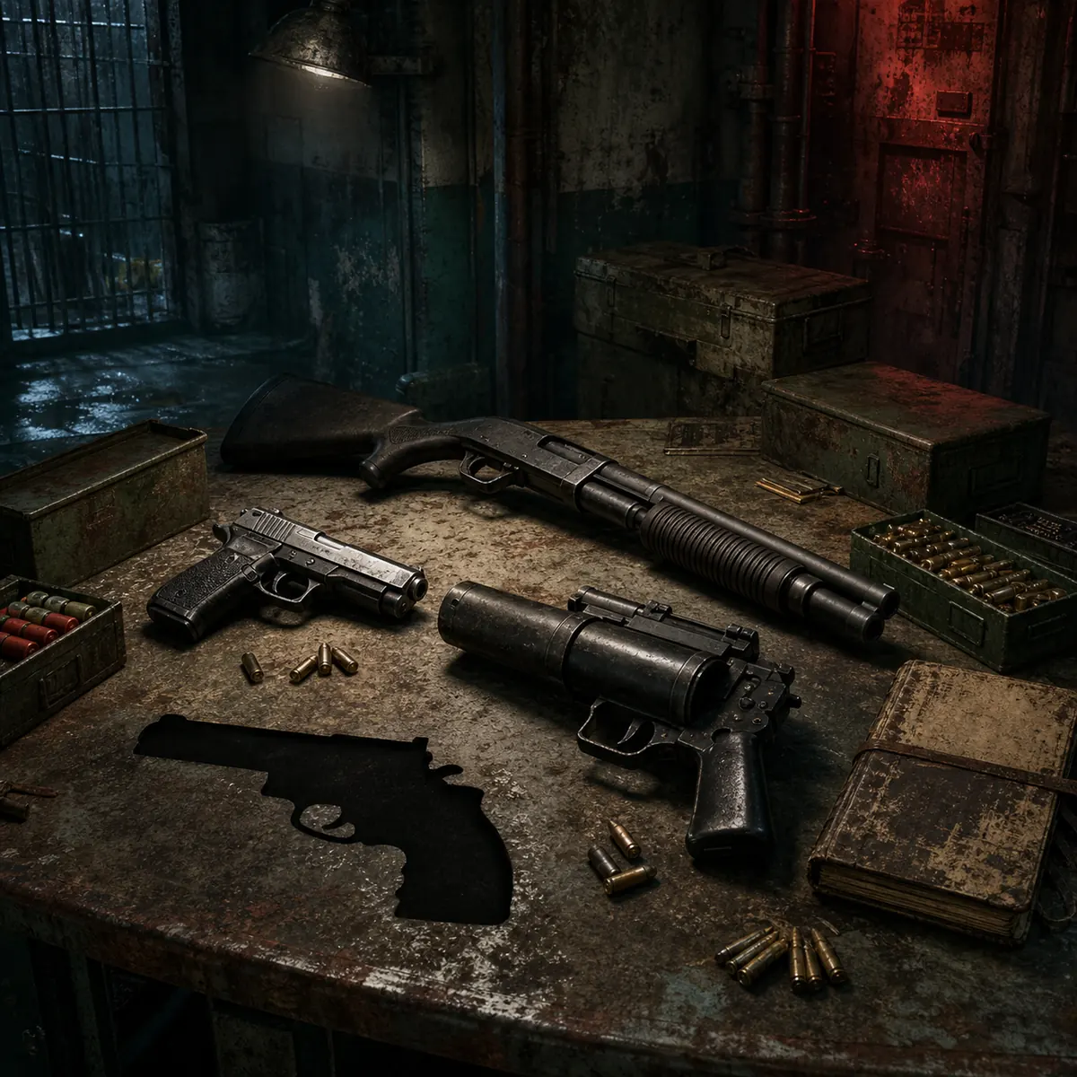 Non-official editorial illustration of classic survival-horror weapons and ammunition on an armory workbench