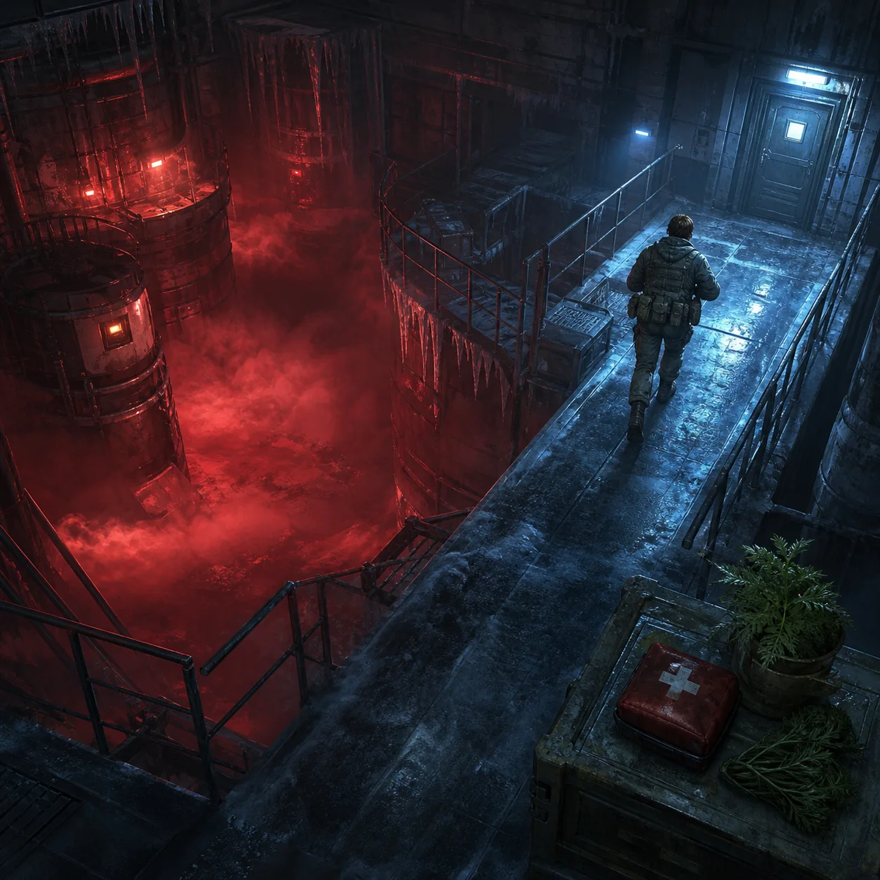 Non-official editorial illustration of a survivor leaving a red toxic area on an Antarctic catwalk