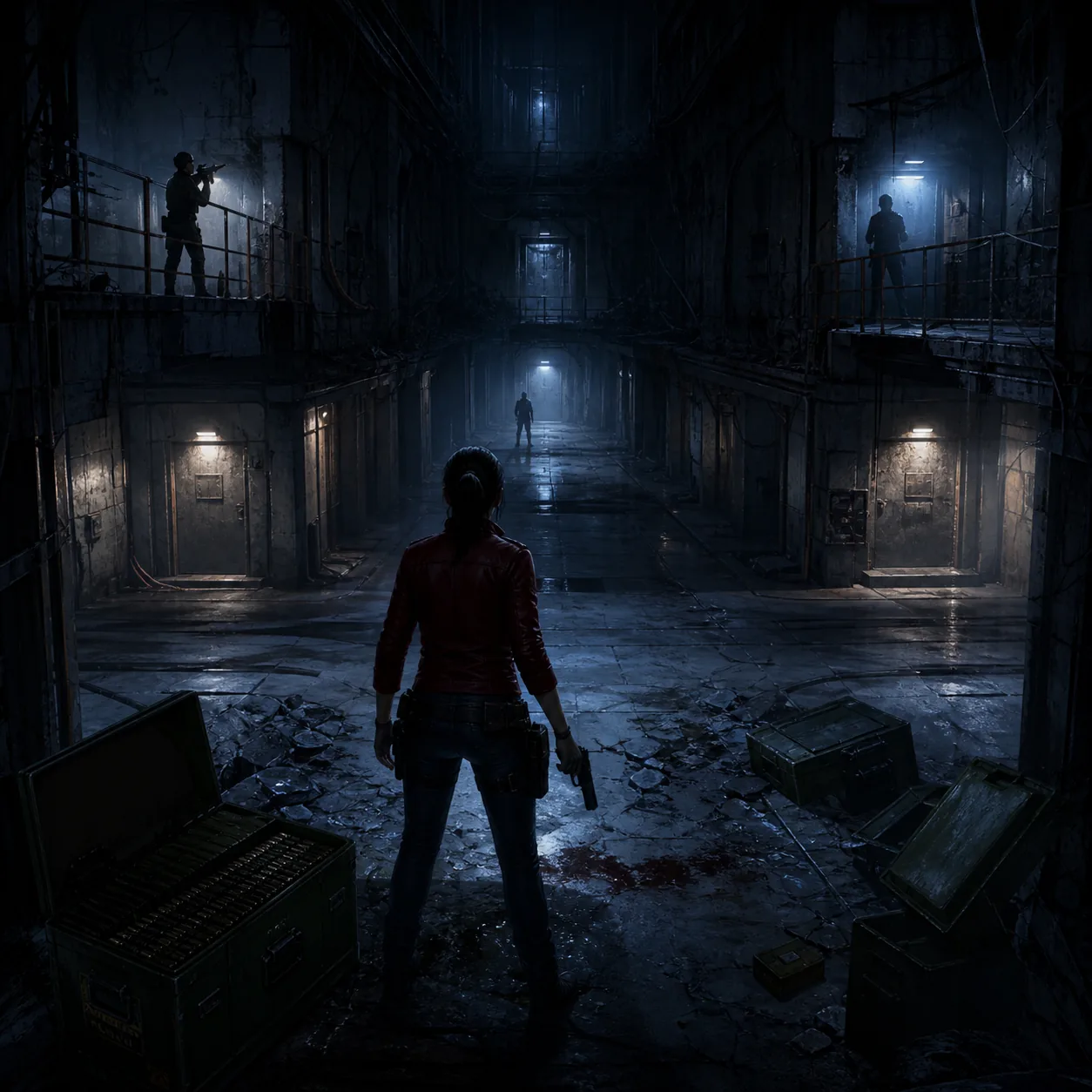 Ilustración editorial no oficial de una superviviente entrando en una ruta oscura de Battle Game