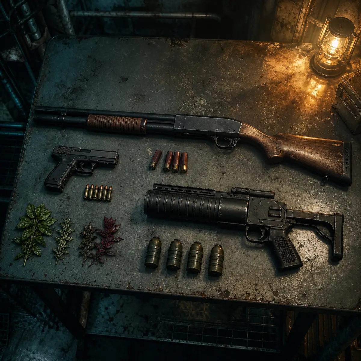 Illustration éditoriale non officielle d'un équipement limité de survival horror avec armes et munitions