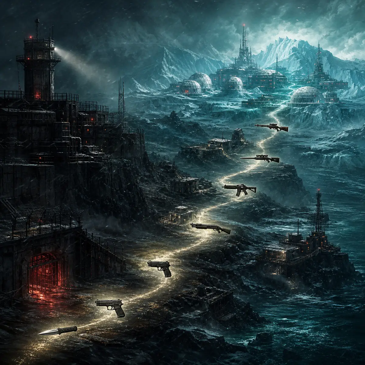 Illustration éditoriale non officielle d'une route d'armes entre une île-prison et une base antarctique